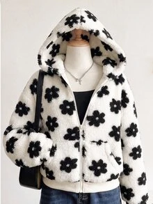 SHEIN 青少年女孩休閒白色底黑印花刷毛連帽外套，秋冬外套，返校季，學院風青少年女孩 - 黑與白 - 查看 10