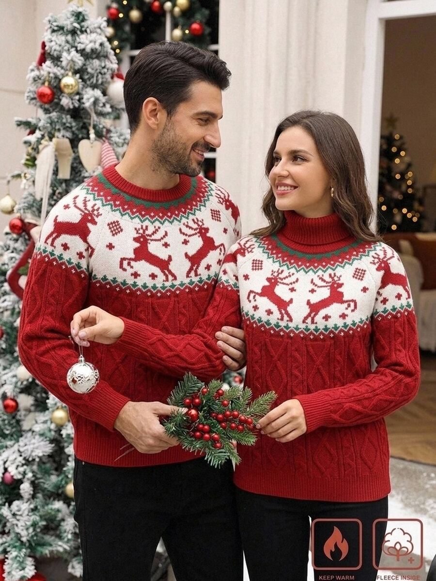 Manfinity Homme Men's Animal Pattern Crew Neck Long Sleeve Knit Sweater Cute Christmas Pullover Sweater ,Unisex , Fall/Winter - Multicolor - View 1