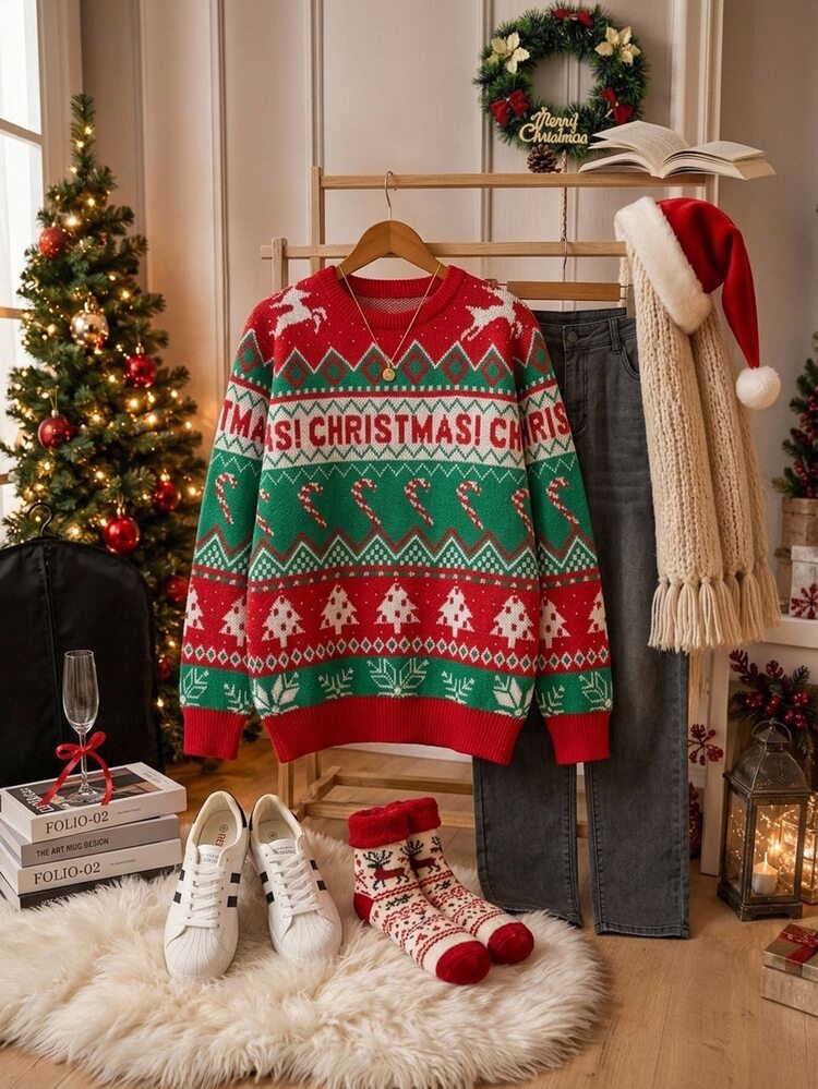 Manfinity Homme Christmas Men's Letter Print Casual Daily Long Sleeve Sweater,Cute Pullover Sweater , Fall/Winter , Warm Family Atmosphere Parent-Child Couple Outfit - Red - View 3