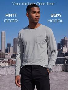 TekDrob Anti-Odor Straight Modal T-Shirt With Single Patch Pocket And Long Sleeves - Grey - View 3