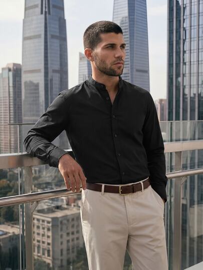 TekDrob Camisa Regular à Prova d'Água com Gola Mandarim e Proteção UV