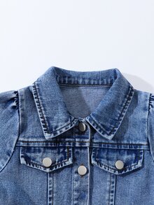 SHEIN 女童長袖牛仔洋裝，淺藍水洗，甜美可愛學院風牛仔女孩，3D蝴蝶結裝飾，領口設計，泡泡袖，秋季牛仔風 - 深色水洗藍 - 查看 6