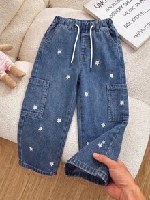 SHEIN ChillGRL Girls' Full Elastic Waist Adjustable Drawstring Sweet Cowgirl Floral Embroidered Multi-Pocket Denim Mid Blue Pants Fall Western Cowboy - Dark Wash - View 3