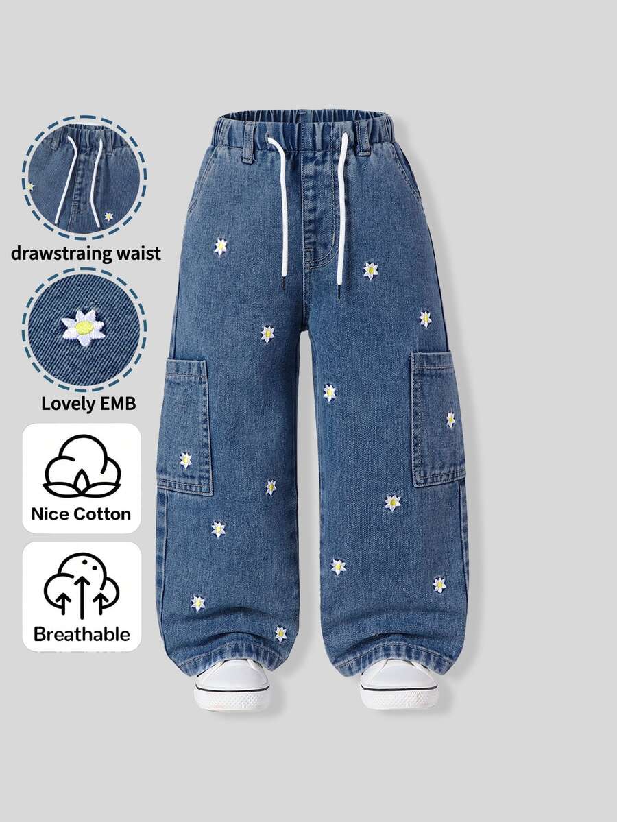 SHEIN ChillGRL Girls' Full Elastic Waist Adjustable Drawstring Sweet Cowgirl Floral Embroidered Multi-Pocket Denim Mid Blue Pants Fall Western Cowboy - Dark Wash - View 1