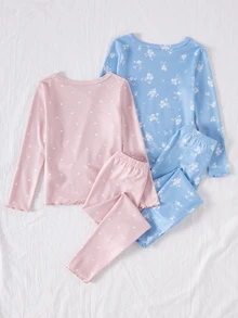 2套女童幼兒套裝 2色 粉色波點與藍色碎花 羅紋袖口荷葉邊設計 高彈力 親膚柔軟 修身長袖長褲 4件套（2套分別販售） - 彩色 - 查看 2