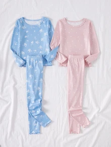2套女童幼兒套裝 2色 粉色波點與藍色碎花 羅紋袖口荷葉邊設計 高彈力 親膚柔軟 修身長袖長褲 4件套（2套分別販售） - 彩色 - 查看 3