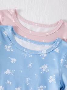 2套女童幼兒套裝 2色 粉色波點與藍色碎花 羅紋袖口荷葉邊設計 高彈力 親膚柔軟 修身長袖長褲 4件套（2套分別販售） - 彩色 - 查看 5