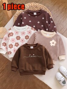 1 Piece Toddler Girls Floral And "Love" Letter Print Long Sleeve Sweatshirt, Cute Flower Pattern Autumn/Winter Pullover Brown Long Sleeve Crew Neck Sweatshirt - Multicolor - View 3