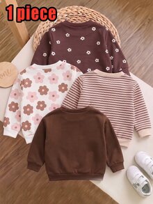 1 Piece Toddler Girls Floral And "Love" Letter Print Long Sleeve Sweatshirt, Cute Flower Pattern Autumn/Winter Pullover Brown Long Sleeve Crew Neck Sweatshirt - Multicolor - View 2