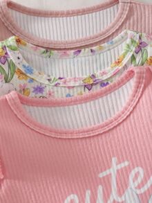 女嬰 3 件組兔子與花卉印花荷葉邊飛袖長袖 T 恤套裝，秋季服飾 - 彩色 - 查看 6