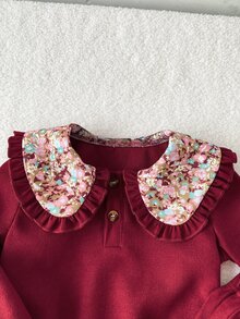 SHEIN 2件組幼女運動衫喇叭褲套裝，甜美優雅酒紅色花卉荷葉邊彼得潘領長袖領口常規款派對秋季裝 - 紅木色 - 查看 6