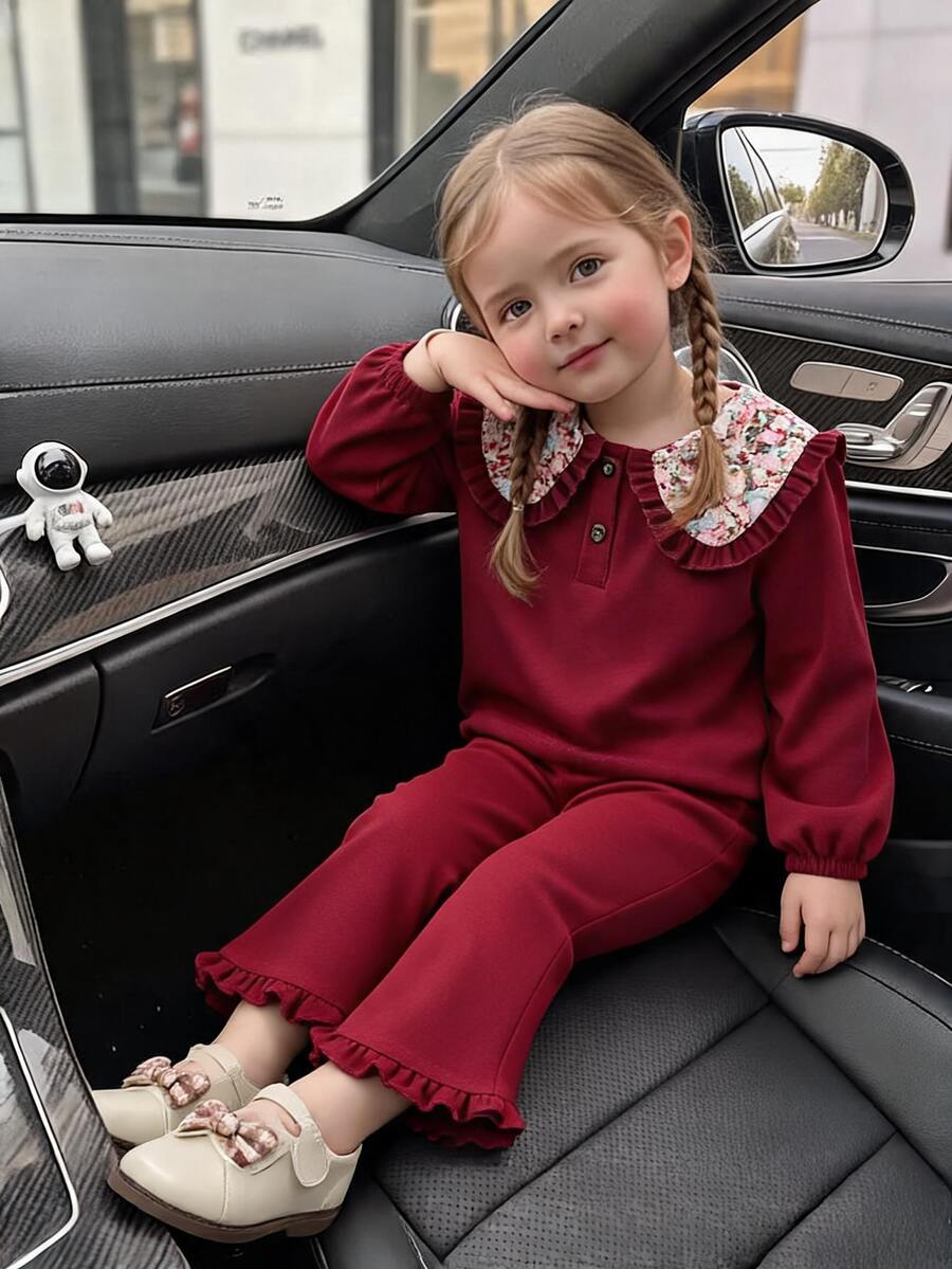 SHEIN 2件組幼女運動衫喇叭褲套裝,甜美優雅酒紅色花卉荷葉邊彼得潘領長袖領口常規款派對秋季裝 - 紅木色 - 查看 1