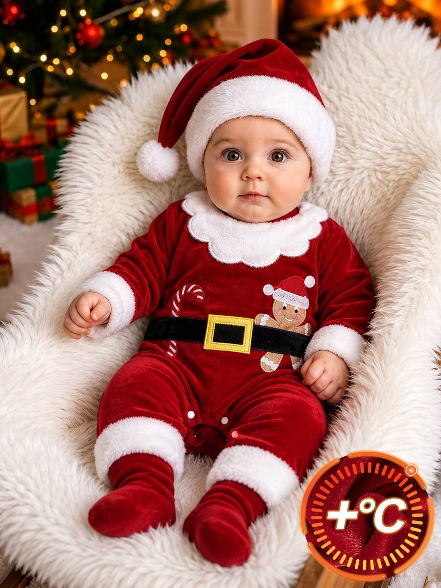 SHEIN 2pcs Baby Boy Romper Jumpsuit Cute Red Gingerbread Velvet Fuzzy Trim Long Sleeve Round Neck Thick Holiday Party Winter Christmas Fall Lovely Plush - Red - View 1