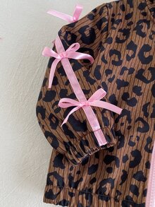 SHEIN 2pcs Toddler Girl Zip Jacket Pants Set Graphic Sweet Brown Pink Leopard Print Ribbon Bows Long Sleeve Mock Neck Birthday Vacation Family Party Autumn - Multicolor - View 7