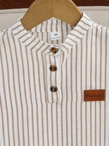 SHEIN 青少年男孩白色棕色短袖襯衫長褲套裝 返校季 家庭學院風 80年代 簡約正式穿搭 日常穿著 畢業季 夏季 秋季 - 鏽棕色 - 查看 5