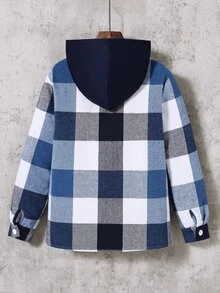SHEIN 青少年男孩街頭風可愛連帽開襟襯衫，黑白格紋，舒適面料，適春季、秋冬季，六年級畢業派對穿搭 - 藍色 - 查看 3