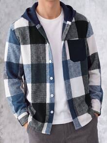 SHEIN 青少年男孩街頭風可愛連帽開襟襯衫，黑白格紋，舒適面料，適春季、秋冬季，六年級畢業派對穿搭 - 藍色 - 查看 4