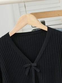 SHEIN Tween Girl Solid Color V-Neck Casual Daily Cardigan Winter - Black - View 4