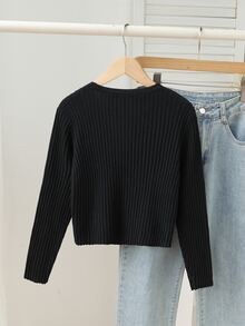 SHEIN Tween Girl Solid Color V-Neck Casual Daily Cardigan Winter - Black - View 2