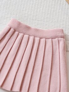 4-7歲女童蝴蝶結刺繡V領針織開襟衫百褶裙兩件套，兒童秋季針織毛衣套裝，甜美娃娃粉冬季款 - 粉色 - 查看 8