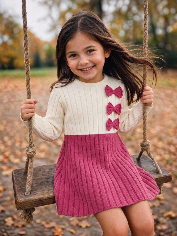 SHEIN Autumn/Winter Girls' Vintage Cable Knit Round Neck Cinched Waist A-Line Skirt 3D Bow Long Sleeve Sweater Dress, Suitable For Outdoor Casual - Dusty Pink - View 11