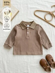 SHEIN Vintaside Kids 嬰兒 Polo 領長袖上衣，直條紋羅紋針織鈕扣亨利領上衣，柔軟彈性休閒熱帶風飄逸秋季 T-shirt，適用嬰兒幼兒，棕色米白色 - 棕色 - 查看 4