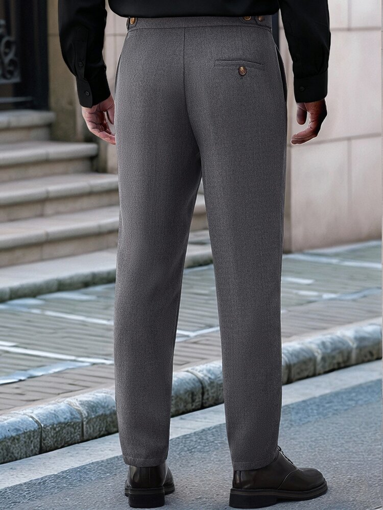 Manfinity Bizformal EN:2026 Spring Summer Men High‑Waist Pleated Tapered Ankle Trousers, Italian Business & Urban Smart - Dark Grey - View 2
