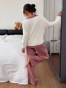 DAZY طقم ملابس نوم نسائي كاجوال يومي للمنزل لباس علوي طويلة الأكمام وبنطال بنقشة قلب - وردي - مشاهدة 2