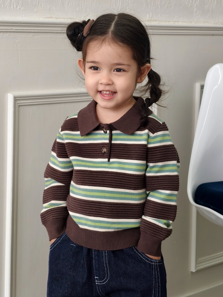 DAZY Infant/Toddler (Girl) Turn Collar Striped Long Sleeve Autumn/Winter Korean Style Sweater - Green - View 1