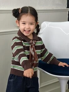 DAZY Infant/Toddler (Girl) Turn Collar Striped Long Sleeve Autumn/Winter Korean Style Sweater - Green - View 3