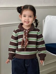DAZY Infant/Toddler (Girl) Turn Collar Striped Long Sleeve Autumn/Winter Korean Style Sweater - Green - View 4