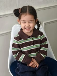 DAZY Infant/Toddler (Girl) Turn Collar Striped Long Sleeve Autumn/Winter Korean Style Sweater - Green - View 9