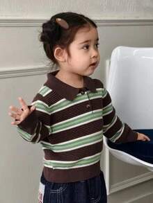 DAZY Infant/Toddler (Girl) Turn Collar Striped Long Sleeve Autumn/Winter Korean Style Sweater - Green - View 8