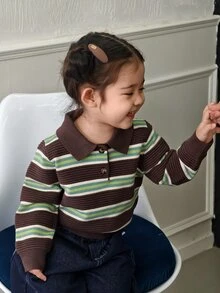 DAZY Infant/Toddler (Girl) Turn Collar Striped Long Sleeve Autumn/Winter Korean Style Sweater - Green - View 10