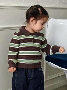 DAZY Infant/Toddler (Girl) Turn Collar Striped Long Sleeve Autumn/Winter Korean Style Sweater - Green - View 6