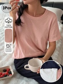 DAZY Summer 3-Piece Set Multi-Color Minimalist Solid Color 100% Pure Cotton Women's Loungewear Tops - Multicolor - View 4