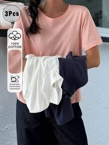 DAZY Summer 3-Piece Set Multi-Color Minimalist Solid Color 100% Pure Cotton Women's Loungewear Tops - Multicolor - View 3