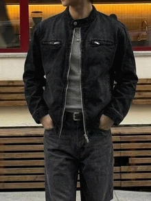 DAZY Spring/Autumn Black Washed Distressed Street Style Korean Fashion Men's Denim Jacket - Dark Grey - View 8