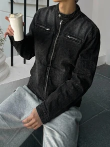 DAZY Spring/Autumn Black Washed Distressed Street Style Korean Fashion Men's Denim Jacket - Dark Grey - View 2