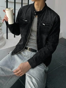 DAZY Spring/Autumn Black Washed Distressed Street Style Korean Fashion Men's Denim Jacket - Dark Grey - View 7