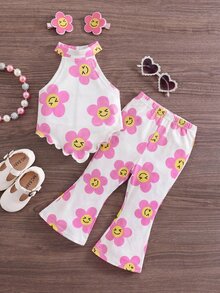 SHEIN Babygirl Summer Cute Casual Vacation Floral Knit Camisole & Elastic Waist Flare Pants Set Summer Hot-Selling Fashion Sets - Hot Pink - View 1