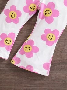 SHEIN Babygirl Summer Cute Casual Vacation Floral Knit Camisole & Elastic Waist Flare Pants Set Summer Hot-Selling Fashion Sets - Hot Pink - View 3