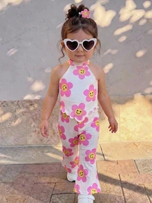 SHEIN Babygirl Summer Cute Casual Vacation Floral Knit Camisole & Elastic Waist Flare Pants Set Summer Hot-Selling Fashion Sets - Hot Pink - View 2