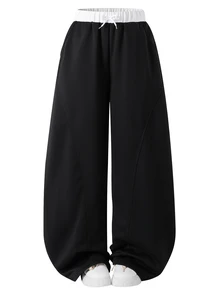 SHEIN Teen Girls Sweatpants, Black, Casual Fit, Daily Wear, Fashionable Versatile, Loose, Elastic Waist, Autumn, Comfortable, Drawstring, Cuffed Hem, Knit, Winter - Black - View 4