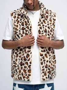 ROMWE MEN Street Life Men's Comfortable Leopard Print Zipper Vest Jacket - Multicolor - View 3