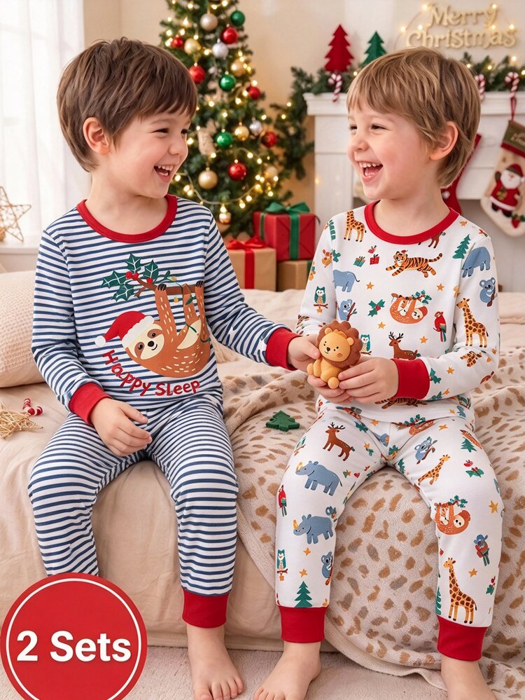 SHEIN 4pcs/Set Boys Knit Crew Neck Long Sleeve Fitted Set, White Striped Cartoon Animal Sloth Print, Simple Casual Comfortable Soft Loungewear, Spring/Autumn - White - View 3