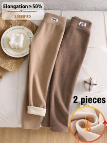 SHEIN 2pcs/Pack Girls' Autumn/Winter Bow Embroidery Pattern Fleece Leggings, Suitable For Daily Casual Wear - Multicolor - View 4