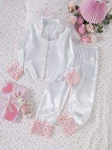 SHEIN 2件組青少年女孩腮紅粉睡衣套裝，長袖睡衣褲，優雅休閒，適合秋冬/冬季，婚禮之夜、蜜月、Ninang，高品質 - 白色 - 查看 6