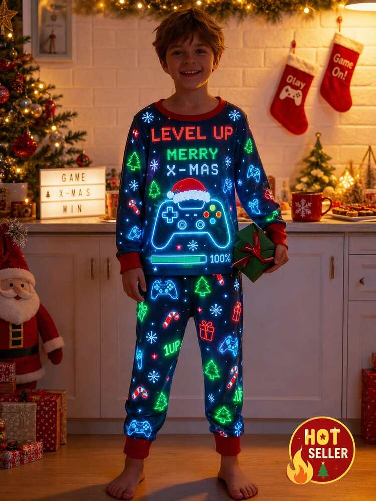 Tween Boy Pajamas 2pcs Autumn/Winter Christmas Fall Snug Fit Long Sleeve Print Cartoon Letter - Multicolor - View 7