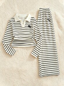 SHEIN 2件組 大女孩學院風美學校園日常春季條紋刺繡 Polo 領長袖 T-shirt 寬腿褲套裝 - 彩色 - 查看 9